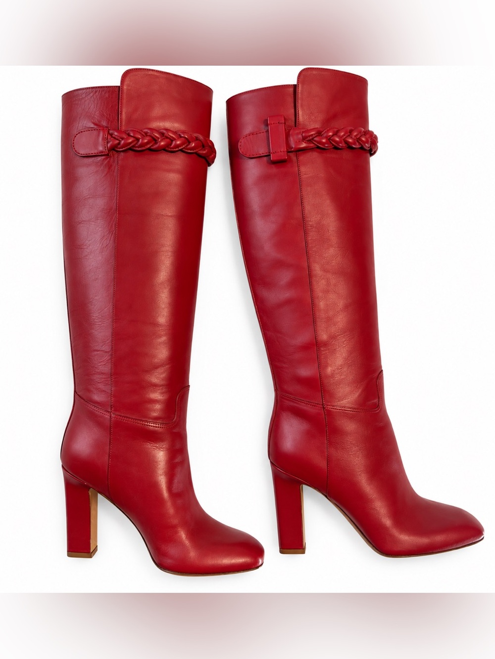 Valentino Garavani Red Leather Over-the-Knee Braided-Trim Boots
